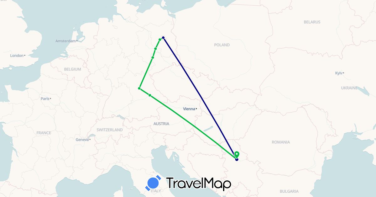 TravelMap itinerary: driving, bus in Germany, Serbia (Europe)