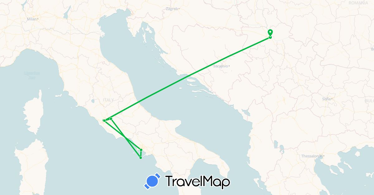 TravelMap itinerary: driving, bus in Italy, Serbia, Vatican City (Europe)